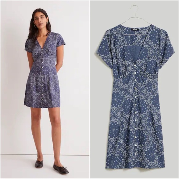 Madewell Dress Shirred Button-Front Mini Bandana Print Nighttime Blue Sz 00 - Picture 1 of 12